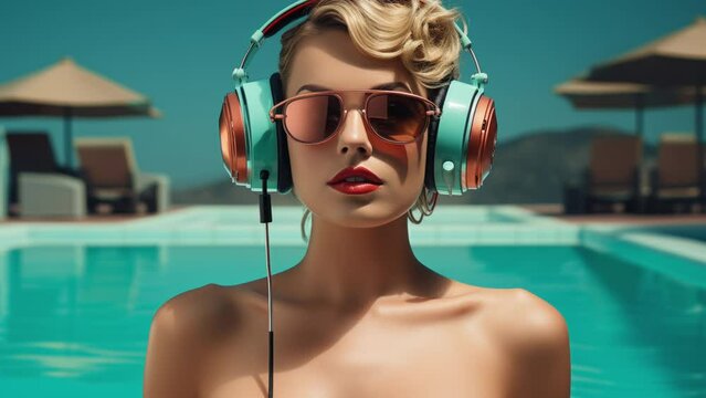 sequence of females posing by swimming pool outside made with AI