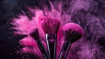 There are two makeup brushes covered in pink powder against a black background

