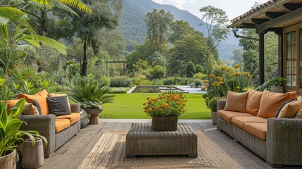 Modern patio furniture on a wooden deck in a lush garden with a mountain view.