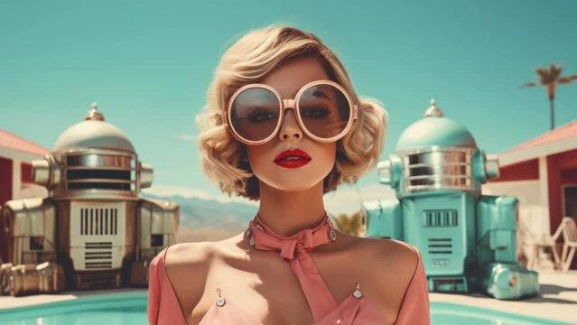 sequence of females posing by swimming pool outside made with AI