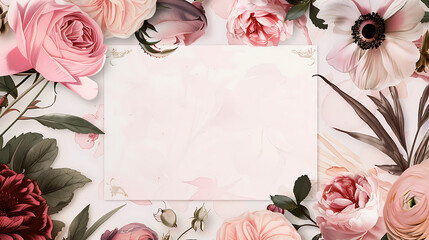 realistic blank white card, surrounded by watercolor of Ranunculus, Peonies,roses, Bunny tails , Ballerina Rose ,grass flower,in the style of light pink dark pink