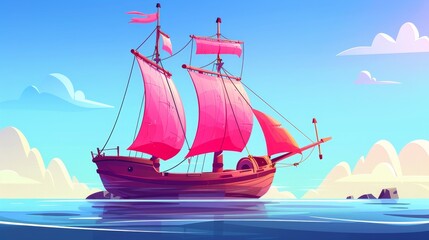 Seascape with an old wooden ship with red sails. Illustration of a sailboat with masts and ropes on blue water with ancient galleons and caravelles.
