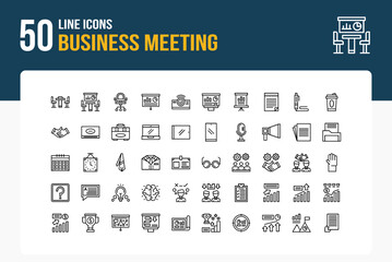 Set of 50 Business Meeting icons related to Conference Table, Meeting Room, Chair, Presentation Screen Line Icon collection