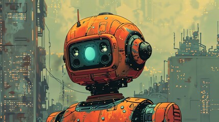 Illustrate a frontal view of futuristic robots in a retro animation style, blending sleek metallic features with nostalgic hand-drawn textures and vibrant colors Infuse a sense of playful innovation a