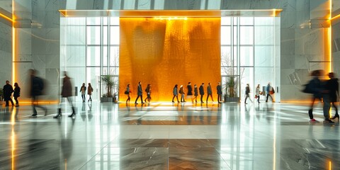 a minimalist hotel lobby, drenched in luminous brightness, distinguished by its concrete details, guests in motion blur, indulging in coffee delights
