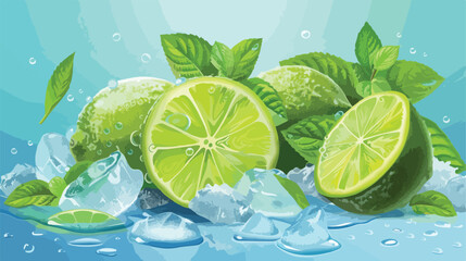 Fresh lime and slices frozen in ice with mint on blue background 