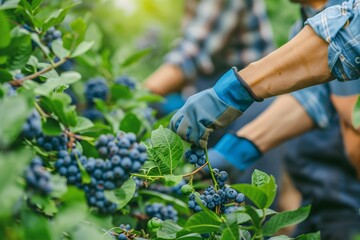 Farm Workers Harvesting blueberry in the Field. Workers picking  fresh ripe fruit.