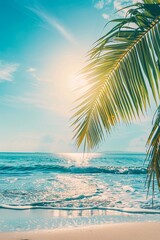 Obraz premium Green palm leaves contrast with the sandy beach in the background. For summer holidays.