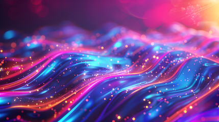 Glowing neon waves, resembling a vibrant sea of electric colors, flowing with mesmerizing patterns, 3d render of abstract background with glowing waves. Abstract background with glowing particles