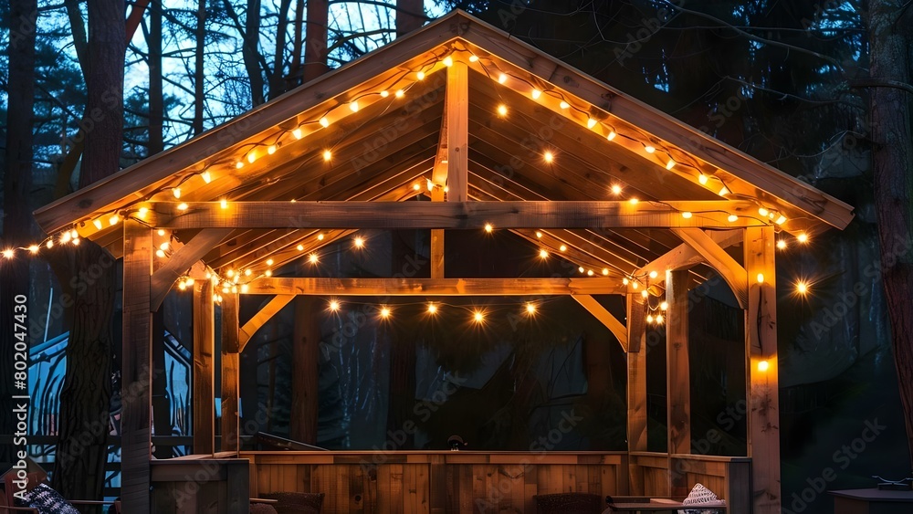 Poster wooden structure with string lights simple and rustic décor element . concept rustic backyard weddin