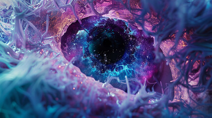 Superposition phenomenon, quantum bits as art, purple and turquoise aesthetics, surreal look