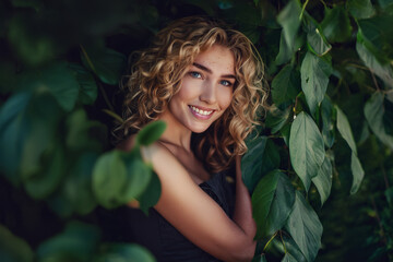  Image of pretty young woman with curly blond hair, , summer dress, joyfully enjoying her time outdoors, nestled among greenery. Vibrant and engaging portrait captures happiness, carefreenes.