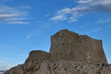 Walls of abandoned ruins of medieval fort called Fortica, built in 17th century, located near Pag...