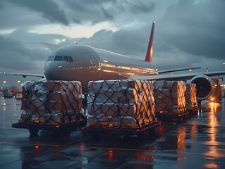 Airplane at airport during rainy evening. Cargo containers on tarmac in front of aircraft. Logistics and transportation concept. Design for poster, banner, and advertisement. Evening shot