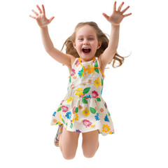 Floated overjoyed little girl jumping and gesturing happiness isolate on transparency background PNG