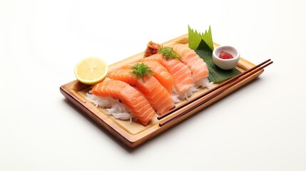 Delicious Japanese sashimi on wooden plate isolated on white background.