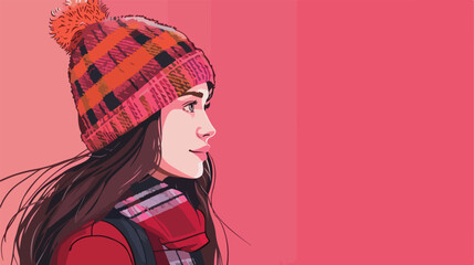 Frozen young woman in warm hat with plaid on pink