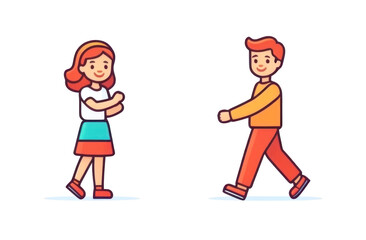 Stylish cartoon illustration of a cheerful boy and girl in modern attire strolling