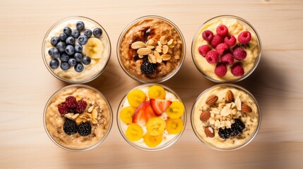 There are six glass containers with food in them. The containers are arranged in two rows of three. Each container has a different topping.