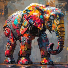 Capture the essence of robotic wildlife through a long shot perspective, blending vibrant colors and dynamic textures to evoke the spirit of abstract impressionism