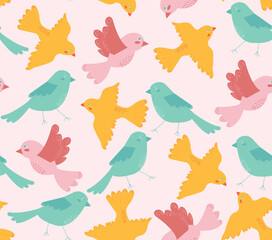 Colorful birds drawing seamless pattern in swatches. Flying birds on pink background, vector illustration for card, banner, poster, wallpaper.