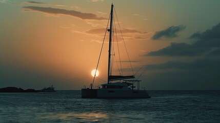 A single catamaran silhouetted against a setting sun