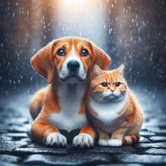 Cat and dog sitting together in the rain.