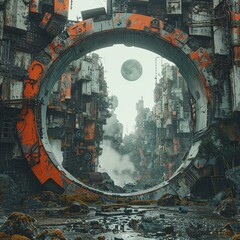 Merge a futuristic dystopian world with raw street art elements, using innovative camera angles to evoke a sense of unease and wonder