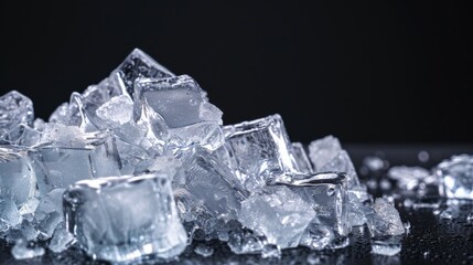 Pile of crushed ice cubes on dark background with copy space. Crushed ice cubes foreground for beverages