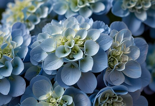 A close-up view of a hydrangea cluster, its pastel blue petals densely packed together, forming a rounded shape, generative AI