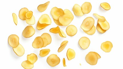 Falling and flying potato slices isolated on white background. Potato slices for chips.