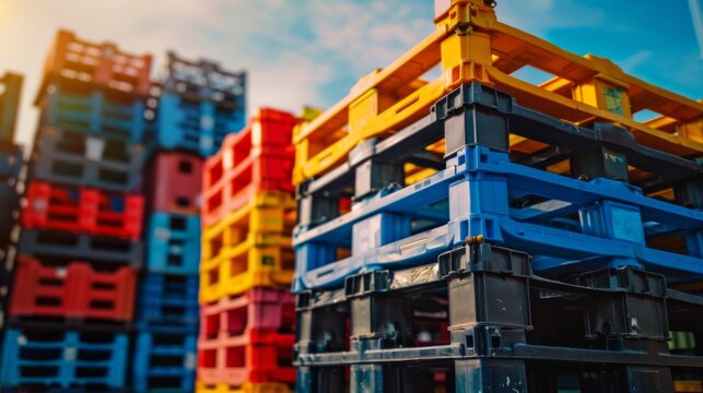 Pile of plastic shipping pallet. Industrial plastic pallet stacked at factory warehouse. Plastic pallet rack for export delivery industry. Plastic pallet storage warehouse