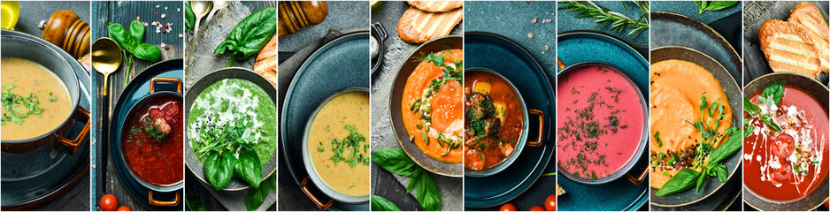 Photo collage of various soups and cream soups. A set of colored soups in bowls. Photo banner for a...