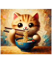 Ramen Cat Kawaii Anime Cat Ramen Lover Oil Painting AI generated	