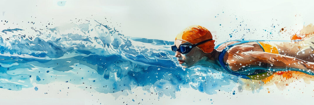 Swimming sport illustration. Female swimmer and splash  water, banner for swimming competition