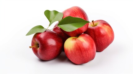 Fresh red apples with green leaves isolated on white background. Freshly picked apples.