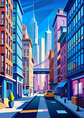 street in the city,Pop art digital style illustration,An urban landscape with small local shops and houses. Vector city street. Pedestrian crossing and traffic lights on the road, infrastructure