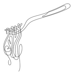 one line drawing of spaghetti rolled with fork close up