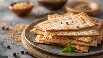 A stack of savory square crackers lies in a bowl against a gray table background with a seasoning of black pepper. Crispy crackers, crispbreads, diet breads