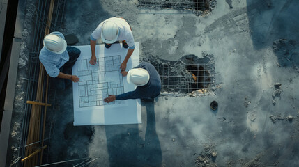 A construction worker wearing a hard hat is looking at blueprints.

