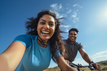 Indian ethnic youngsters cycling in the outdoor with smiling faces having a fun time together