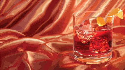 Glass of cold Negroni cocktail on shiny fabric backgr