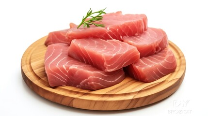 Fresh tuna slices on a wooden plate isolated on white background.