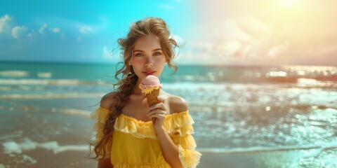 Happy young girl holding an ice cream cone and enjoying a summer day on the beach.