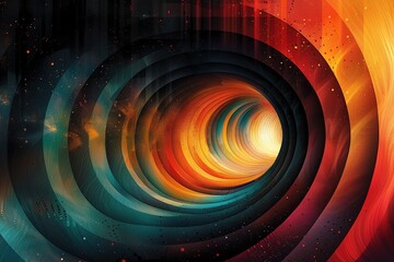 Dark background sets the stage for a captivating abstract design featuring a subtle gradient of red, orange, green, and blue, resulting in a feeling of depth and innovative style. - obrazy, fototapety, plakaty