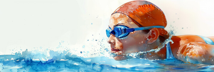 Swimming sport illustration. Female swimmer and splash  water, banner for swimming competition
