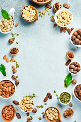 Natural background made from different kinds of nuts. Top view.