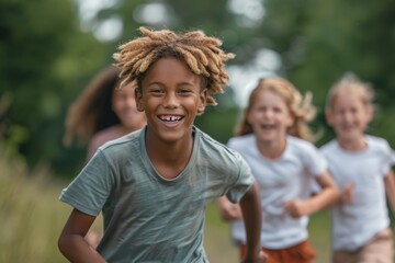 happy african american little boy running with friends in summer park