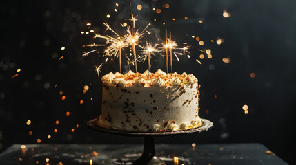 Elegant birthday cake with sparklers on a dark background. Copy space. Party invitation template. Generative AI
