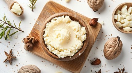 Board with shea butter on white background 